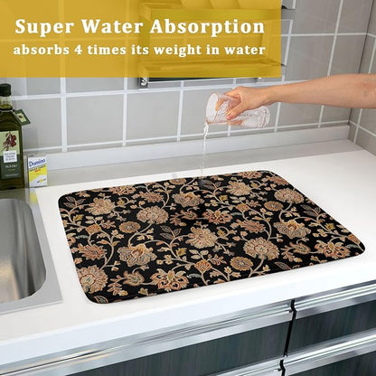 Vintage Tapestry Floral Dish Drying Pad 18 x 24 Inch With Absorbent Reversible Microfiber Black Brown Boho Carpet Flowers Drying Mats Dish Drainer Mat Fast Dry For Kitchen Dining Room Decoration