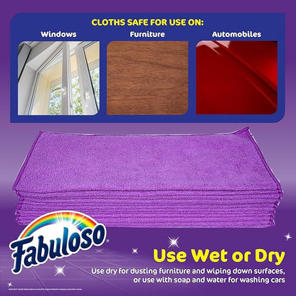 Fabuloso Microfiber Cleaning Cloths for Home & Car, Lint-Free Scratch-Free Rags for Glass, Kitchen & Wood, Reusable Machine Washable, Absorbent for Dusting & Wiping, Purple, 13 x 13 in, 12 Count