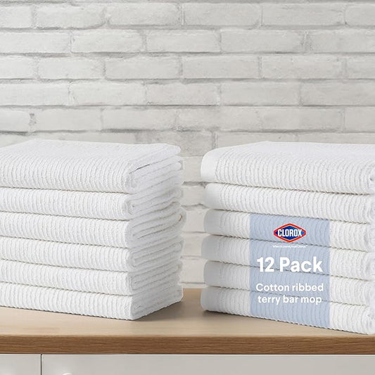 CLOROX Ribbed Bar Mops - 100% Cotton Quick Dry Extra Large Dishcloths - Absorbent Multipurpose Cleaning Cloths for Restaurants, Kitchen, Bathroom, Hotel - 16" x 19" - White 12 Pack