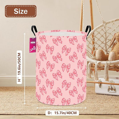 Laundry Hamper Large Canvas Fabric Lightweight Storage Basket/Toy Organizer/Dirty Clothes Collapsible Waterproof for College Dorms, Boys and Girls Bedroom,Bathroom(Pink bowknots)