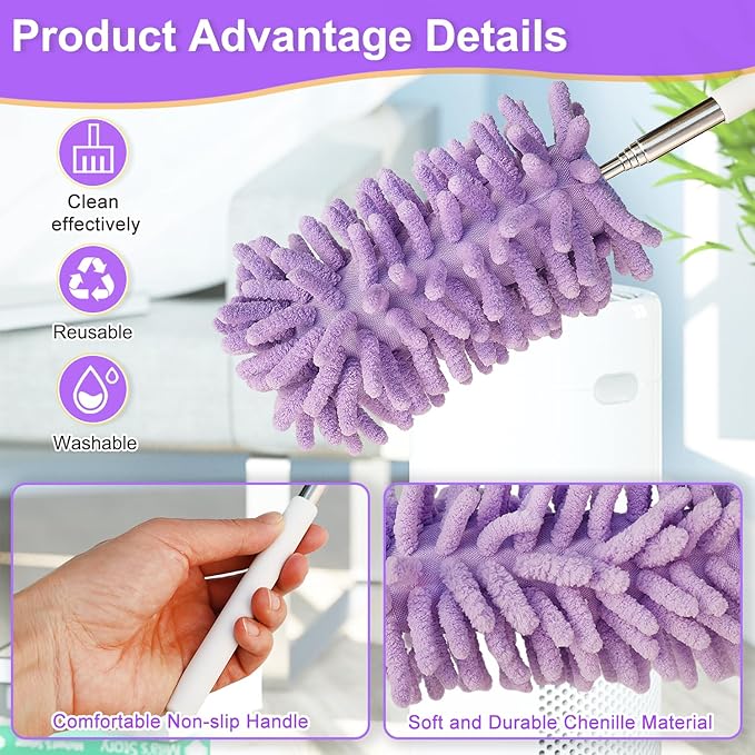 2Pcs Mini Duster for Cleaning, Microfiber Duster with Extendable Pole, Washable Small Duster, Cleaning Tools for Office, Car Interior, Window, Furniture, Computer (Purple)