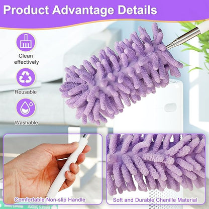 2Pcs Mini Duster for Cleaning, Microfiber Duster with Extendable Pole, Washable Small Duster, Cleaning Tools for Office, Car Interior, Window, Furniture, Computer (Purple)