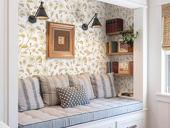 Heroad Floral Wallpaper Peel and Stick White and Gold Contact Paper Boho Peel and Stick Modern Clearance Wall Paper for Cabinets and Drawers Waterproof Self Adhesive 17.3" x 336"