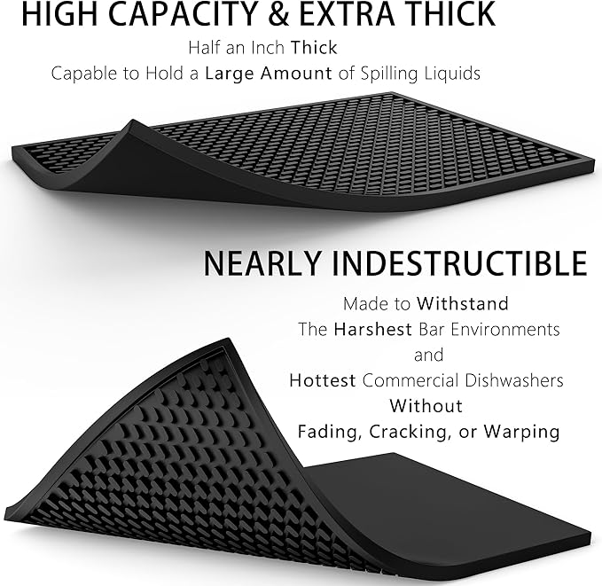 AXIESO 2 Pack Silicone Bar Mat - 1/2 Inch Thick Heat-Resistant and Food Safe Drip Mat - Spill Mats for Counter Top - Kitchen Service Mat, Coffee Bar, Restaurant - Drying Mat - 18 x 12 Inches