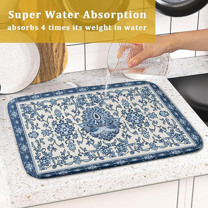 Blue Floral Dish Drying Mat for Kitchen Counter 16x18 Chinoiserie Flower Print Vintage Absorbent Reversible Microfiber Drying Mats Kitchen Countertop Protector Dishes Drainer Rack Pad
