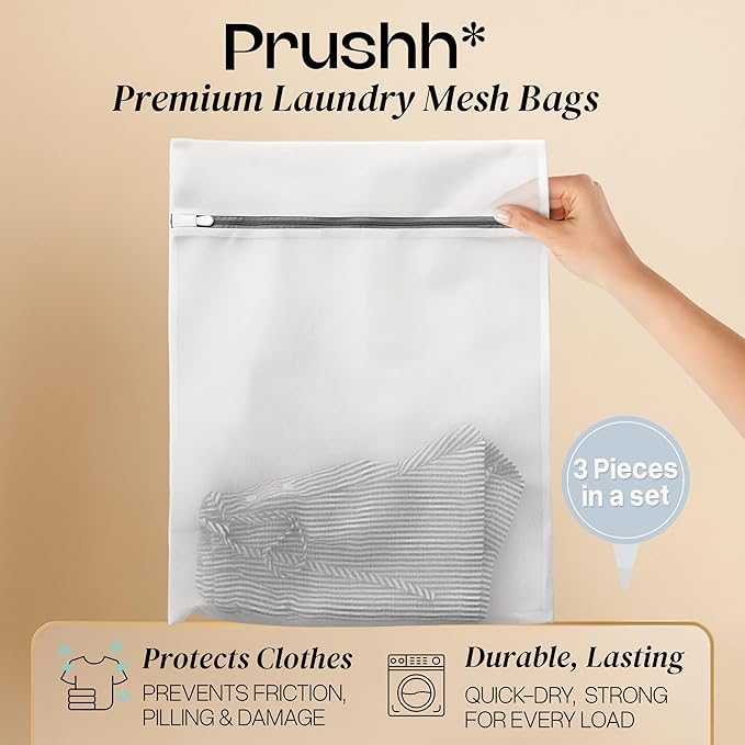 3Pc Spacious Durable Mesh Laundry Bags (16x20 Inches) Protects Delicates, Fine Mesh for Uniform Wash & Dry, Auto-Lock Zipper, Washer-Friendly, For Home, Dorm or Storage, Fits Socks to Sweaters