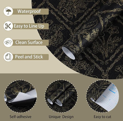 Toduso Peel and Stick Wallpaper Vintage Wall Paper Boho Contact Paper Black and Gold Floral Removable Wallpaper for Bathroom Bedroom Flower Waterproof Self Adhesive Vinyl Drawer Decor 17.3"x196.8"