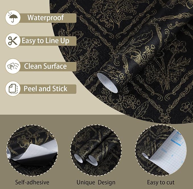 Toduso Peel and Stick Wallpaper Vintage Wall Paper Boho Contact Paper Black and Gold Floral Removable Wallpaper for Bathroom Bedroom Flower Waterproof Self Adhesive Vinyl Drawer Decor 17.3"x78.7"