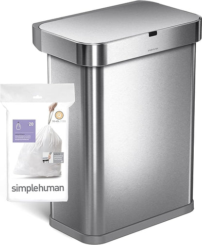 simplehuman Code Q 100 Count, Dispenser Pack Custom Fit Liners, Drawstring Trash Bags, 50-65 Liter / 13-17 Gallon, White