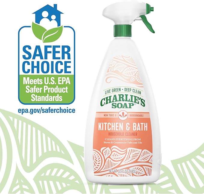 Charlie's Soap Kitchen & Bath Household Cleaner Spray (32 Fl. Oz., 6 Pack) Natural Kitchen and Bathroom Multi-Surface Cleaner – Non-Toxic and Biodegradable