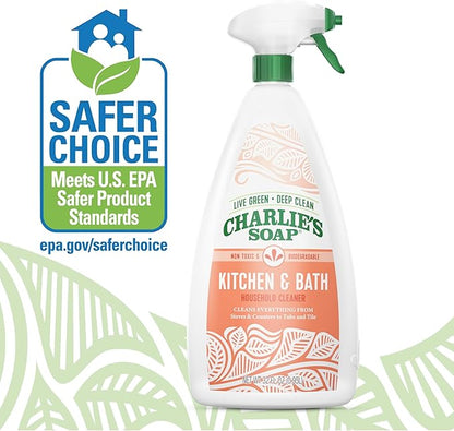Charlie's Soap Kitchen & Bath Household Cleaner Spray (32 Fl. Oz., 6 Pack) Natural Kitchen and Bathroom Multi-Surface Cleaner – Non-Toxic and Biodegradable