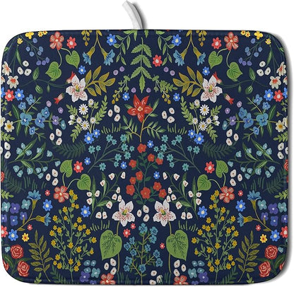 Flower Floral Dish Drying Mat Microfiber Navy Blue Absorbent Drying Pad for Kitchen Counter Small
