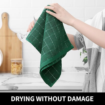 Homaxy 100% Cotton Terry Kitchen Towels(Dark Green, 13 x 28 inches), Checkered Designed, Soft and Super Absorbent Dish Towels, 6 Pack
