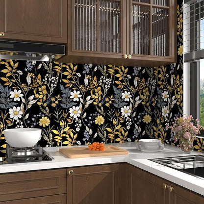Drak Floral Wallpaper Peel and Stick Vintage Black Golden Wallpaper Vinyl Waterproof Self-Adhesive Removable Boho White Botanical Wall Paper Modern for Bedroom Walls Drawer Cabinet 17.5in x118in