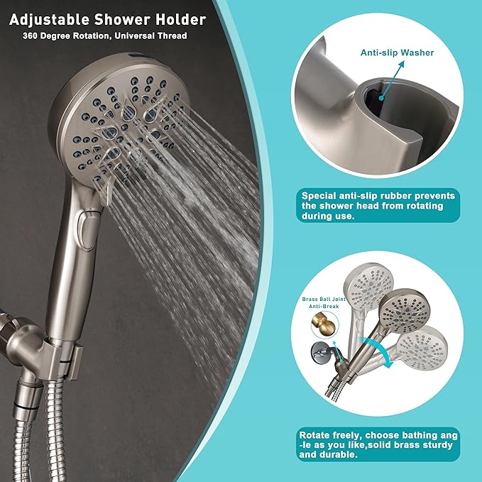 Handheld Shower Head with on off Switch&Built-in Power Spray,7-Setting High Pressure Shower Wand with 79in Long Hose&Bracket and Extra Adhesive Shower Holder for Lower Mount,Brushed Nickel