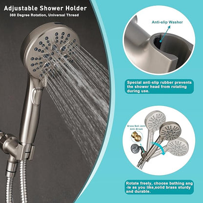 Handheld Shower Head with on off Switch&Built-in Power Spray,7-Setting High Pressure Shower Wand with 79in Long Hose&Bracket and Extra Adhesive Shower Holder for Lower Mount,Brushed Nickel