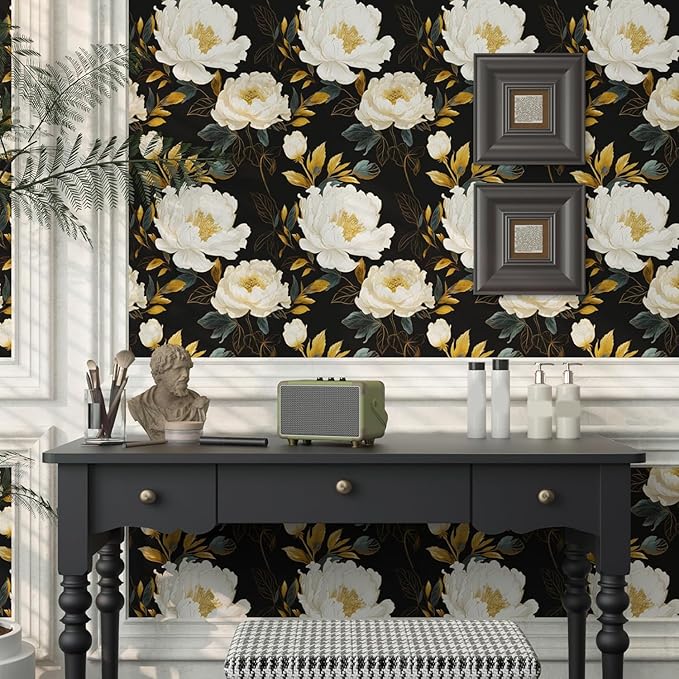 Extra Long Dark Floral Peel and Stick Wallpaper, 17.5In x 393In Vintage Big Peony Flower Waterproof Wallpaper for Room Cubicle Drawer, Vinyl Removable Contact Paper Wall Decor Black White