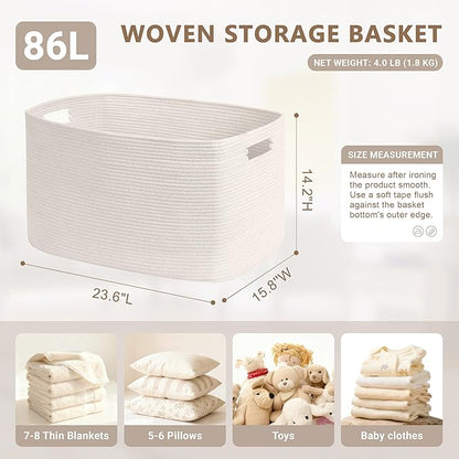 86L Large Baby Girls Laundry Basket for Nursery Storage,Cute Woven cotton Rope Baskets for Kids Toy，Gifts, Boho Square Wicker Blanket hamper for Living Room,Bedroom Dirty Clothes, White