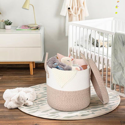 15”x13” Large Storage Basket with Lid, Blanket Basket Living Room, Woven Cotton Rope Baskets for Storage, Kids Toy Storage Bin, Tall Wicker Laundry Basket, Blankets Pillows Organizer Holder