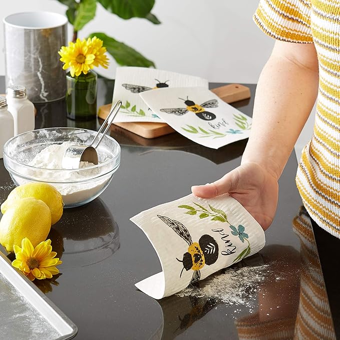 DII Swedish Dishcloths for Kitchen & Cleaning, Reusable, Machine Washable & Dishwasher Safe, Biodegradable, 7.75 x 6.75, Bee Kind, 3 Piece