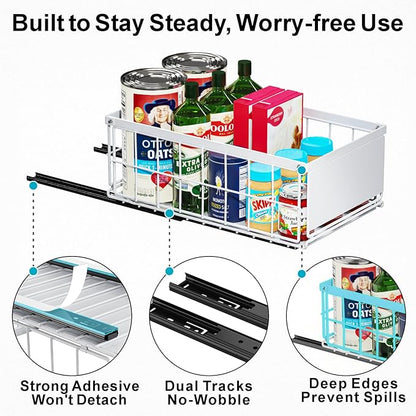 iSPECLE Pull Out Cabinet Organizer, Adhesive Slide Out Drawers with 6.9" High Sides, No Drill Under Cabinet Storage Shelves for Kitchen Pantry, Heavy Duty Smooth Gliding Rolling Tray, White
