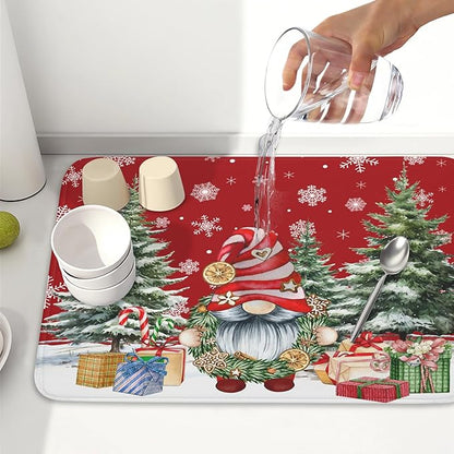 Christmas Dish Drying Mat for Kitchen Counter, Merry Christmas Dish Drying Mat 18 x 24 Inch Xmas Gnomes Absorbent Reversible Microfiber Dish Drying Pad Kitchen Drying Mat for Coffee Bar