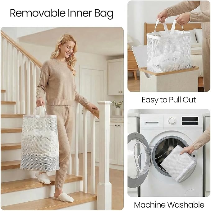 efluky Slim Laundry Basket with Lid, Narrow Laundry Hamper with Removable Bag, Skinny Dirty Clothes Basket with Bamboo Handles for Bathroom, Bedroom & Laundry Room, 75L Beige