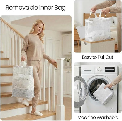 efluky Slim Laundry Basket with Lid, Narrow Laundry Hamper with Removable Bag, Skinny Dirty Clothes Basket with Bamboo Handles for Bathroom, Bedroom & Laundry Room, 75L Beige