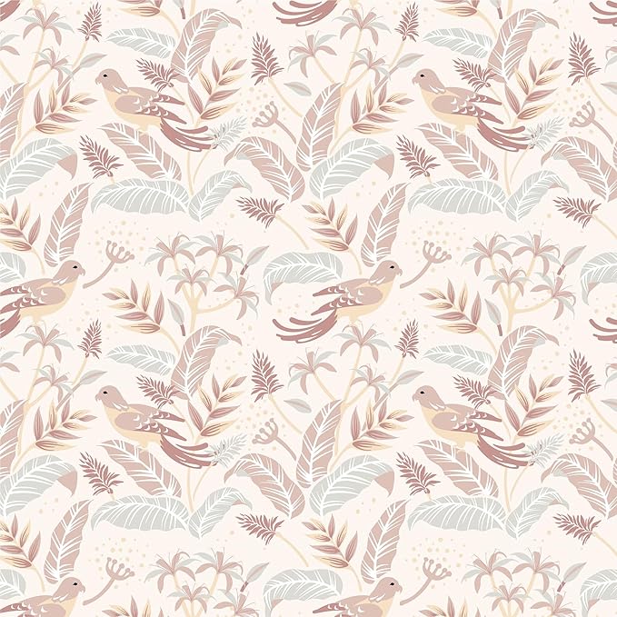 Vinjiasin Tropical Bird & Leaf Wallpaper, Boho Neutral Tone Contact Paper for Bedroom Living Room, Removable Waterproof Peel and Stick Wallpaper 17.7" x 78.7"