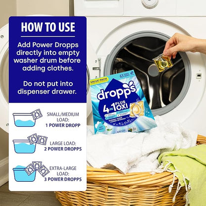 Dropps 4-in-1 Plus Oxi Laundry Detergent Pods, Crisp Breeze (63 Count) - Laundry Pods | Advanced Odor Defense | Fights Stains | Whitens & Brightens | Clean Ingredients | Plastic Free Packaging