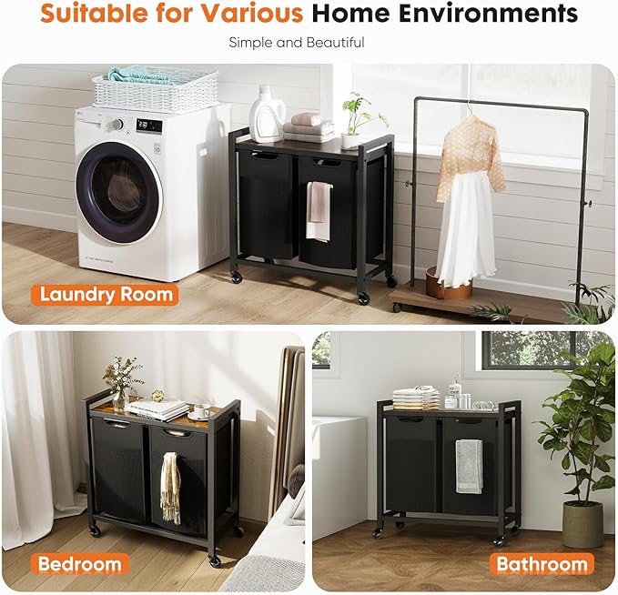 Laundry Sorter 2 Section, 2 × 13.1Gal (99L) Rolling Laundry Basket with Pull-Out Removable Bags & Movable Wheels,Clothes Separator Hamper Cart for Laundry Room, Bathroom and Bedroom Organizer