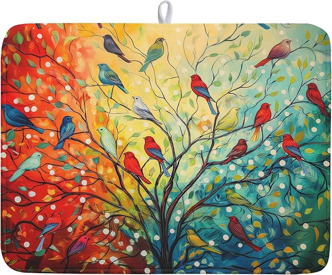 Spring Summer Floral Birds Dish Drying Mat for Kitchen Counter 18x24 Inch Spring Colorful Floral Kitchen Drying Mat Fast Dry Absorbent Microfiber Dish Drainer Rack Pad Flower Mat for Countertop Decor