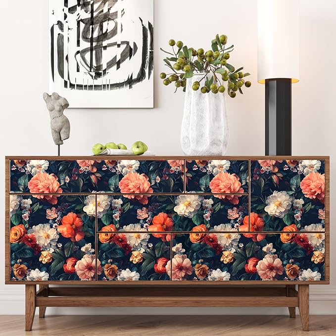 Vintage Black Floral Wallpaper, Retro Dark Colorful Flower Self Adhesive Contact Paper for Cabinet Bathroom Powder Room, Vinyl Moody Boho Botanical Flower Design Accent Wall Art 17.5In x 118In