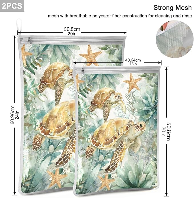 Mesh Laundry Bags Lingerie Bags for Washing Delicates 2 PCS Durable Wash Bag with Zipper Small and Medium Washable Sea Turtle Starfish Plants
