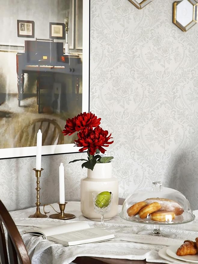 Ismoon Peel and Stick Wallpaper Vintage Floral Contact Paper Boho White and Grey Watercolor Damask Wallpaper Textured Removable Self Adhesive Vinyl Wall Paper for Bedroom, 17.3 in X 6.5 ft