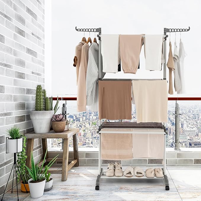 GOFLAME 4-Tier Clothes Drying Rack, Collapsible Clothes Horse Rack with Rotatable Side Wings and Foldable Shelves, Freestanding Garment Dryer Stand with Casters for Indoor and Outdoor Use, Grey