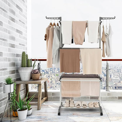 GOFLAME 4-Tier Clothes Drying Rack, Collapsible Clothes Horse Rack with Rotatable Side Wings and Foldable Shelves, Freestanding Garment Dryer Stand with Casters for Indoor and Outdoor Use, Grey