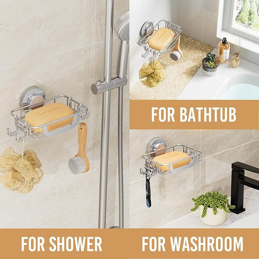 LEVERLOC Bar Soap Holder Dish with Hooks, Soap Tray Suction Cup Wall Mounted for Shower, Stainless Steel Sponge Holder Caddy for Bathroom Kitchen Sink Organizer, Rustproof, Silver