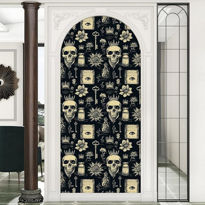 Skull Wallpaper Peel and Stick, Black Beige Witcher Gothic Contact Paper, Vintage Fancy Wall Paper Self Adhesive Removable Waterproof for Bathroom Bedroom Shelf Cabinet Drawer Table 17.5" x 118"