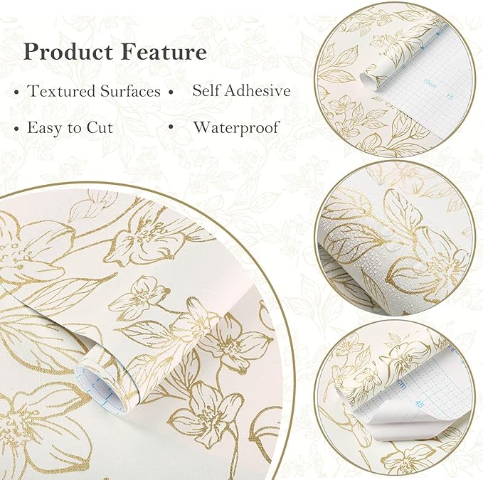Ismoon Floral Wallpaper Peel and Stick Vintage Flower Beige and Gold Contact Paper for Cabinet Textured Removable Self Adhesive Vinyl Wallpaper for Bedroom 17.3x393in