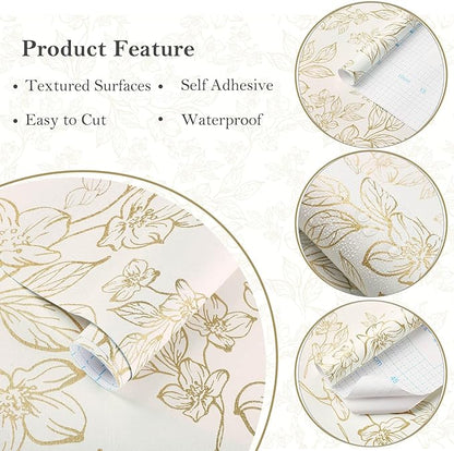Ismoon Floral Wallpaper Peel and Stick Vintage Flower Beige and Gold Contact Paper for Cabinet Textured Removable Self Adhesive Vinyl Wallpaper for Bedroom 17.3x393in