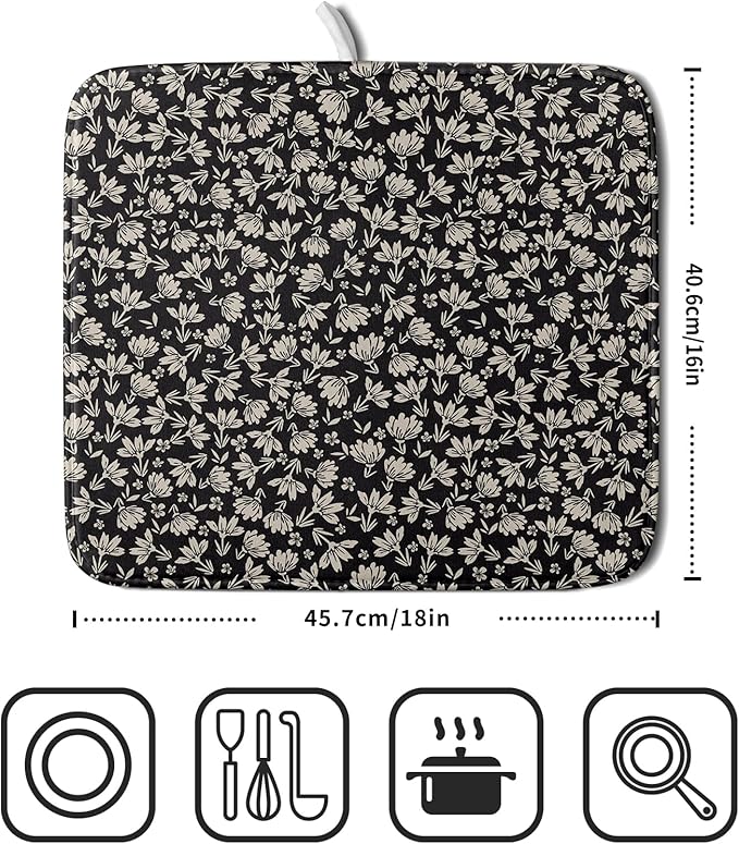 Floral Dish Drying Mat for Kitchen Counter 18x16 Inch Black Flower Drying Mat with Absorbent Reversible Microfiber Holiday Season Spring Dish Drainer Mats Rack Pad for Coffee Countertop Protector