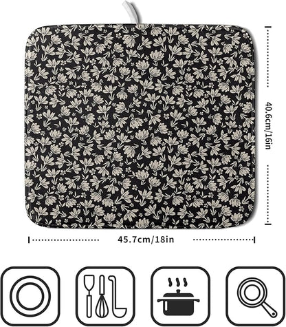 Floral Dish Drying Mat for Kitchen Counter 18x16 Inch Black Flower Drying Mat with Absorbent Reversible Microfiber Holiday Season Spring Dish Drainer Mats Rack Pad for Coffee Countertop Protector