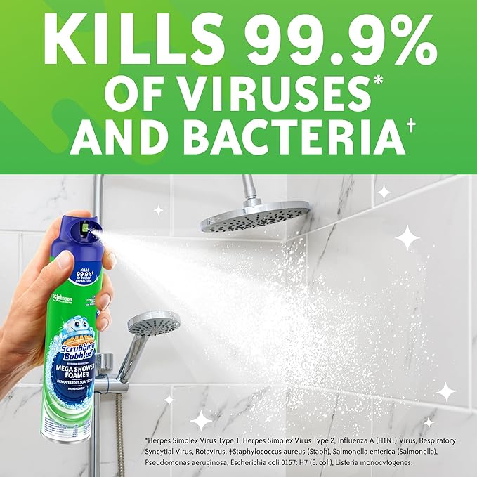 Scrubbing Bubbles Mega Shower Foamer and Disinfectant Aerosol, Rainshower, 20 oz,(Pack of 8)