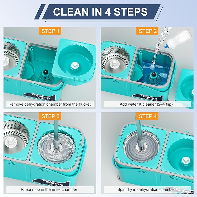 Easy-Use Spin Mop for Cleaner, Controlled Rinsing, Clean & Dirty Water Separation Mop Bucket for Pet & Family Homes,360° Swivel Wheels, Safe for Hardwood & Tile, Adjustable Handle,1 Reusable Mop Heads