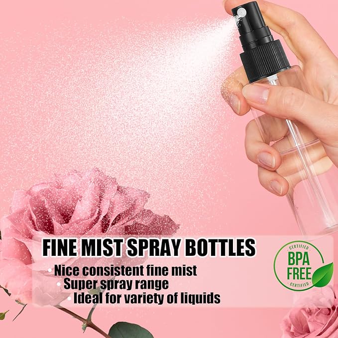100Pack 2oz Spray Bottles Plastic, 60ml Small Spray Bottle Bulk Black Fine Mist Sprayer, Empty Refillable Containers Portable Cosmetic TravelSpray Bottles for Plants, Cleaning, Misting & Skin Care