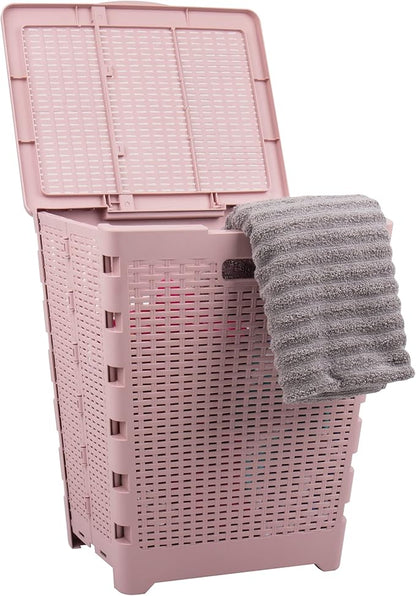 Mind Reader 61L Foldable Laundry Hamper, Clothes Basket, Lid, Wicker Design, Plastic, 18"L x 14.5"W x 21.25"H, Pink
