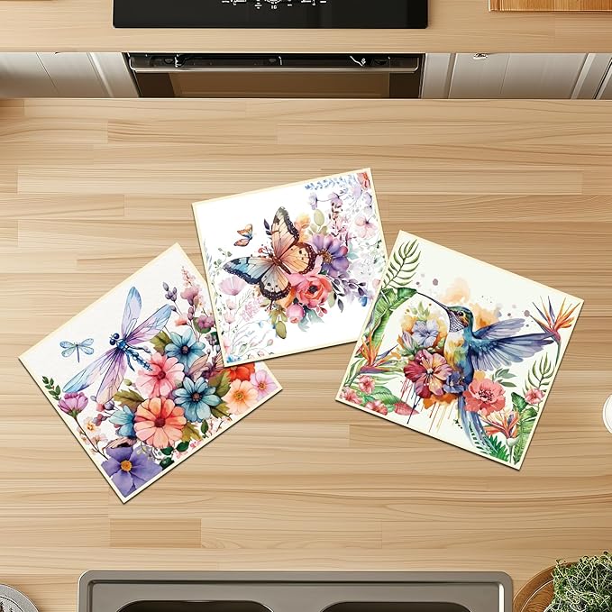 Reusable Swedish Dishcloths for Kitchen, 6 Pack Birds Flowers Butterfly Absorbent Swedish Dish Cloths, Reusable Paper Towels Washable for Kitchen Countertop Sink Fast Drying Degradable Dishes Cloths