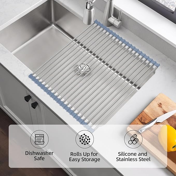 NEZUIBAN Dish Drying Rack with Roll Up and Over Sink for Kitchen,17.5"x11.8",Gray