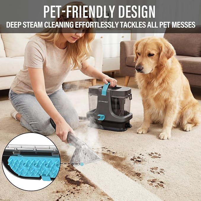 Starrybot Portable Carpet Cleaner Machine with Steam and Heating Techology,18Kpa Powerful Suction with Versatile Tools for Pets, Couch,Spot Cleaner for Stairs/Furniture/Rug(Gray)(AC0201)